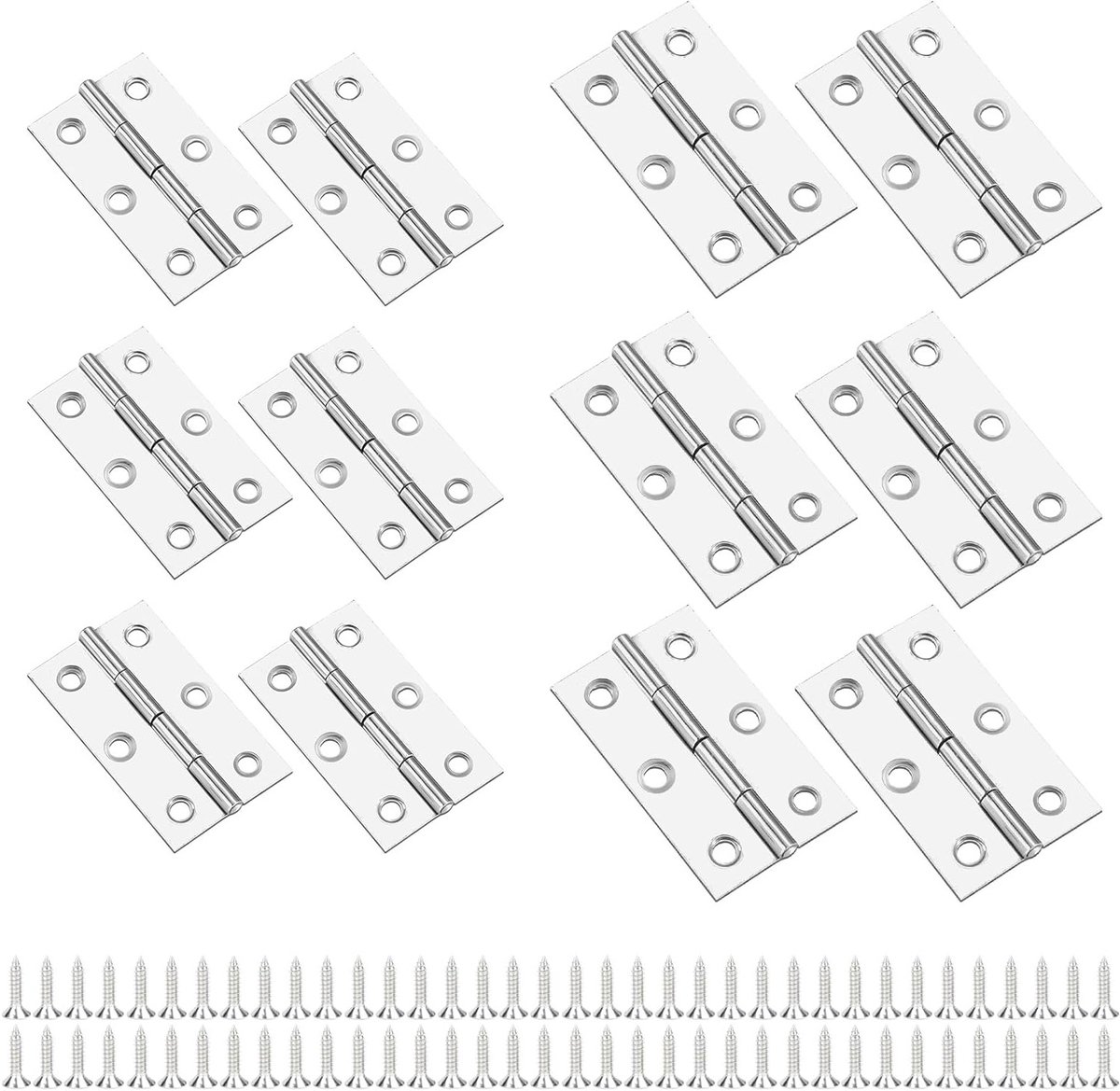 12 RVS vouwscharnieren met 72 schroeven - 6 grote (6 x 3.8 cm) + 6 kleine (5.5 x 3.5 cm) - duurzame metalen scharnieren voor kastdeuren, houten dozen en lades