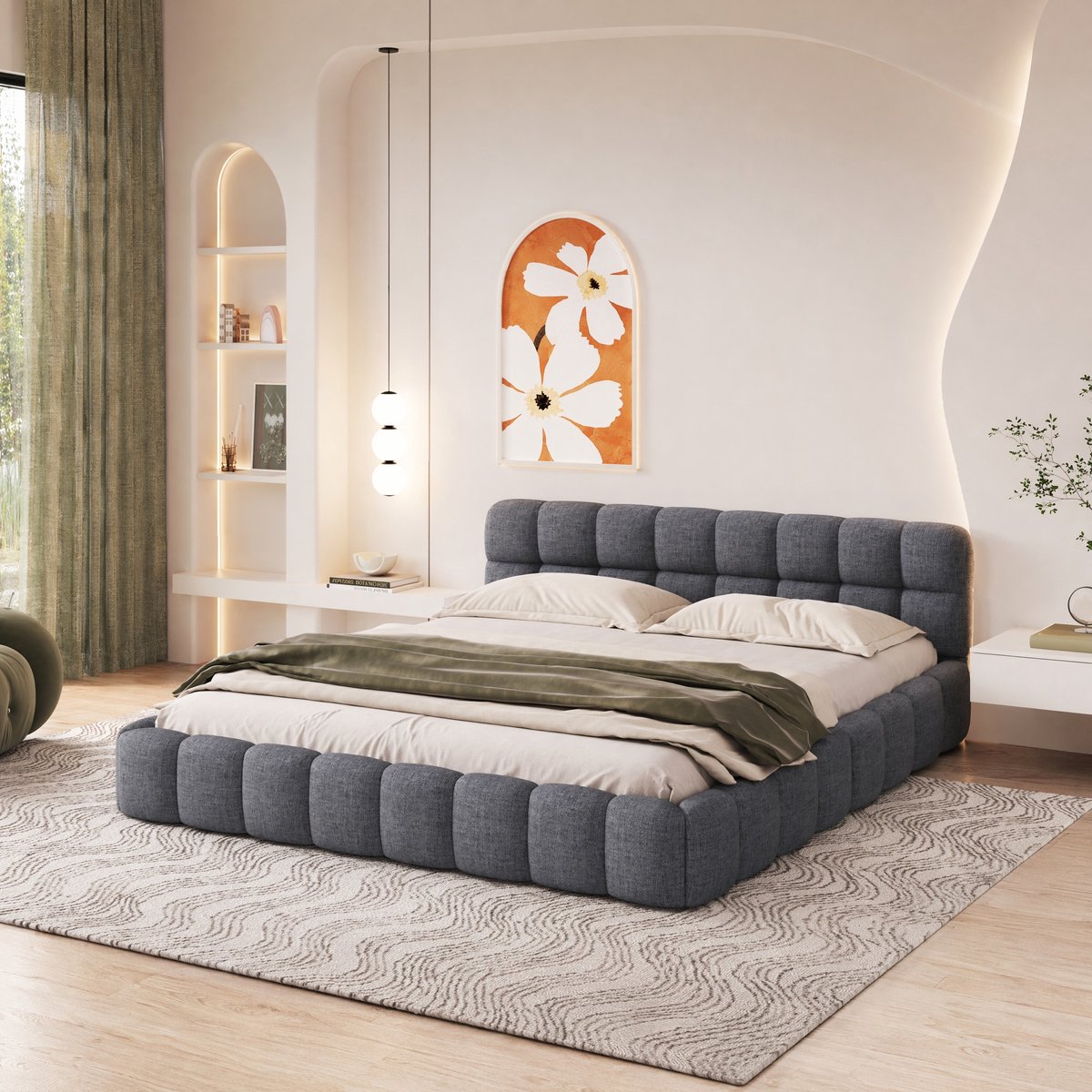 SHOPENTRA Gestoffeerd Bed 140x200 cm – Grijs Linnen met Franjes – incl. Lattenbodem – Modern Design