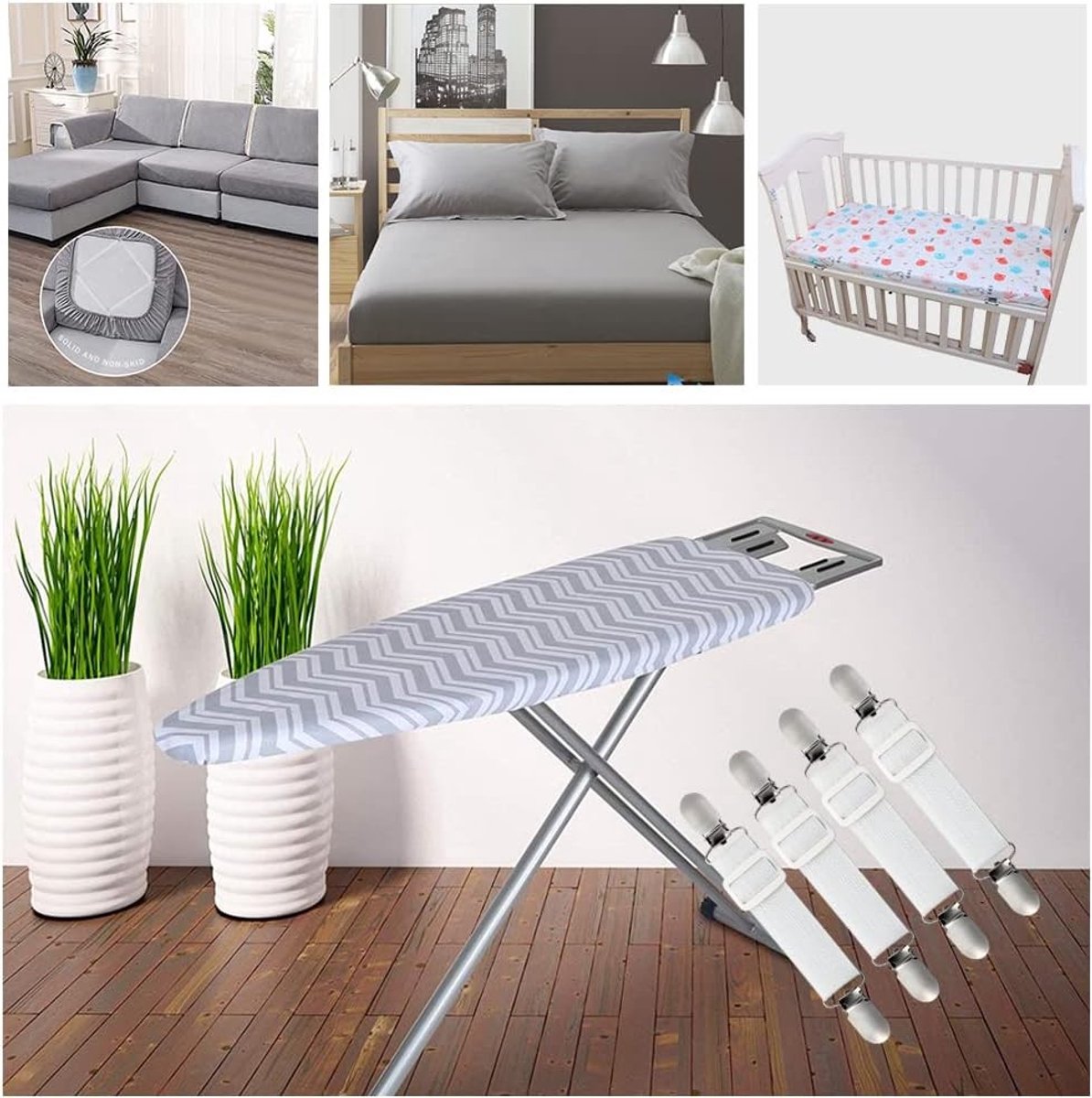 Verstelbare Strijkplankspanners - Wit - Robuuste Metalen Clips - Duurzame Rubberbanden - Voor Strijkplanken en Lakens