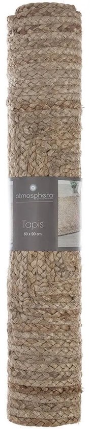 Opgerold beige jute vloerkleed (60x90 cm) met verpakking.