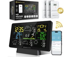Station météo MostEssential Édition Wifi - Station météo sans fil avec capteur extérieur - Hygromètre - Intérieur et extérieur - Portée de 150 mètres - Application incluse - Zwart - 3 capteurs