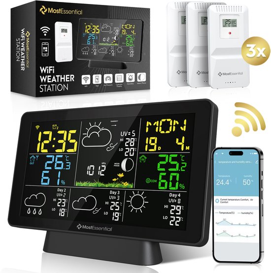 MostEssential Weerstation Wifi Edition - Plug & Play Installatie - Draadloos - Weerstation met Buitensensor - Hygrometer - Binnen en Buiten - 150 Meter Bereik - Inclusief App - Zwart - 3 sensors