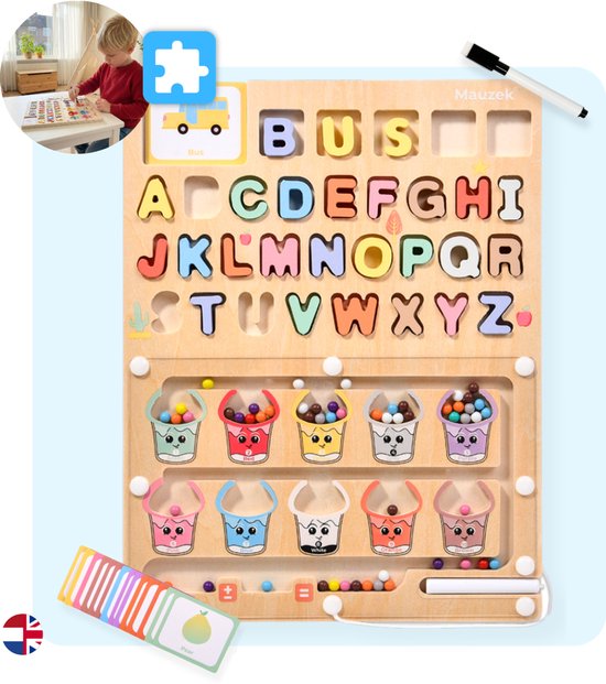 Houten educatief spel met het alfabet, diertjes, mandjes en gekleurde balletjes. Met pen en tekstkaarten.