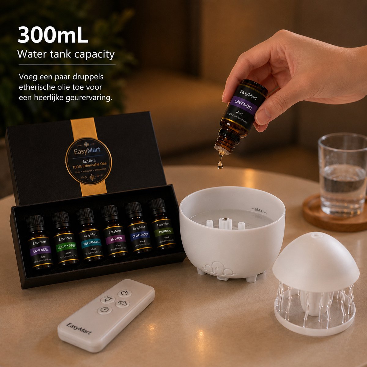 Aroma Diffuser 300ml met 6 Etherische Oliën – Geurverspreider & Luchtbevochtiger – Met Afstandsbediening – LED – Slaapkamer – EasyMart — cadeau in Wonen & Interieur - foto 4