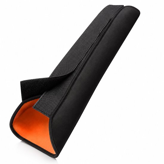 Zwarte e-bike accu beschermhoes met oranje voering en klittenbandsluiting.