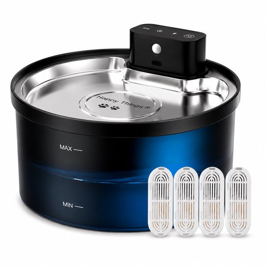 Happy Things® ZR20 Draadloze Drinkfontein met Sensor – 3.2L - RVS – Inclusief 4 Filters – Roestvrijstalen Schotel – Transparant Zwart – Kat & Hond Waterfontein