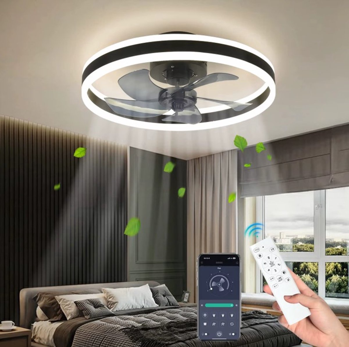 MiShar Plafond Ventilator Lamp - 51 CM - Smart Lamp - 6 Standen - 1 grote led strook - Dimbaar - Zwart - Kroonluchter LED Ventilator - Chandelier Fan - Woonkamer Lamp - Ventilator Lampen - Slaapkamer lamp - Eetkamerlamp