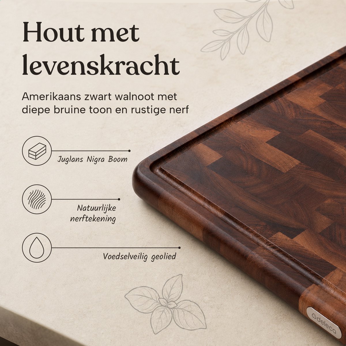 Deleca Walnoot Kopshouten Snijplank met Sapgeul - Hakblok Hout Voor Keuken - Anti-slip / Handgrepen – Signature Houten Amerikaans Walnoten Kopshout - 43x33x3 cm — cadeau in Kookcadeaus - foto 2