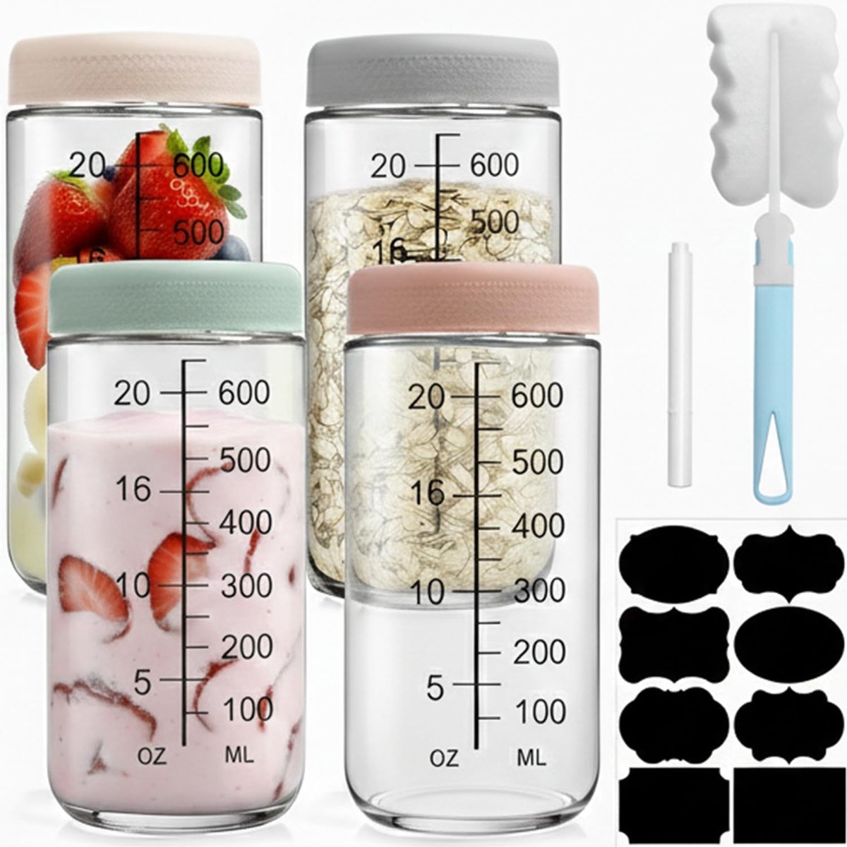 Set van 4 Inmaakpotten van 750ml, Ideaal voor Maaltijd Prep, Overnight Oatmeal en Salades met Deksel, Inclusief Pens, Borstel en Stickers