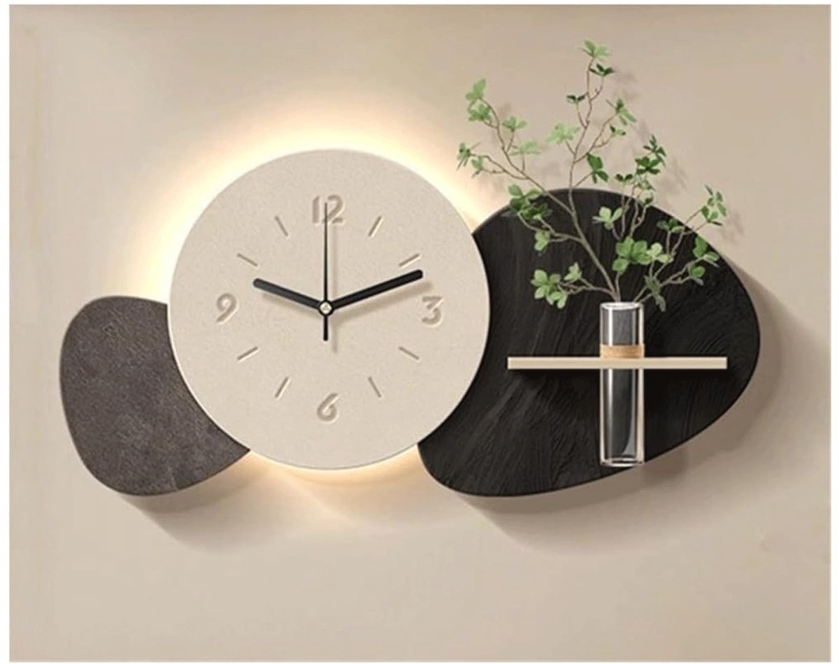 Wandklok met LED-licht - Moderne zandstenen wanddecoratie in zwart