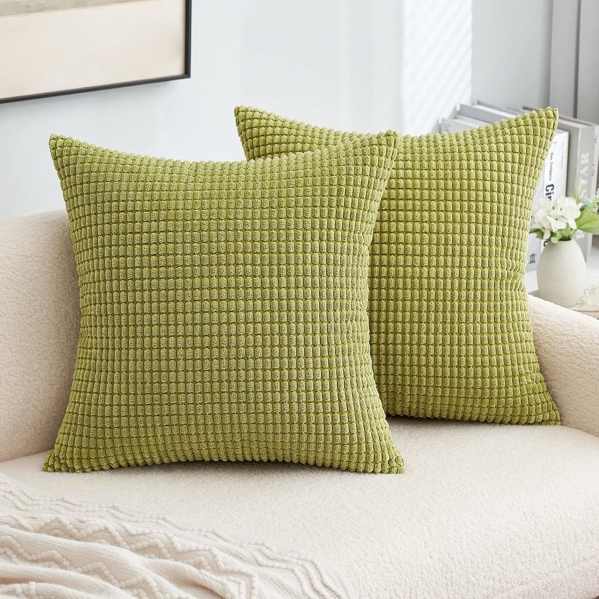 Set van 2 Decoratieve Corduroy Kussenhoezen 40x40cm, Gestreepte Kussens voor Bank en Slaapkamer in Grasgroen, Luxe en Comfortabel
