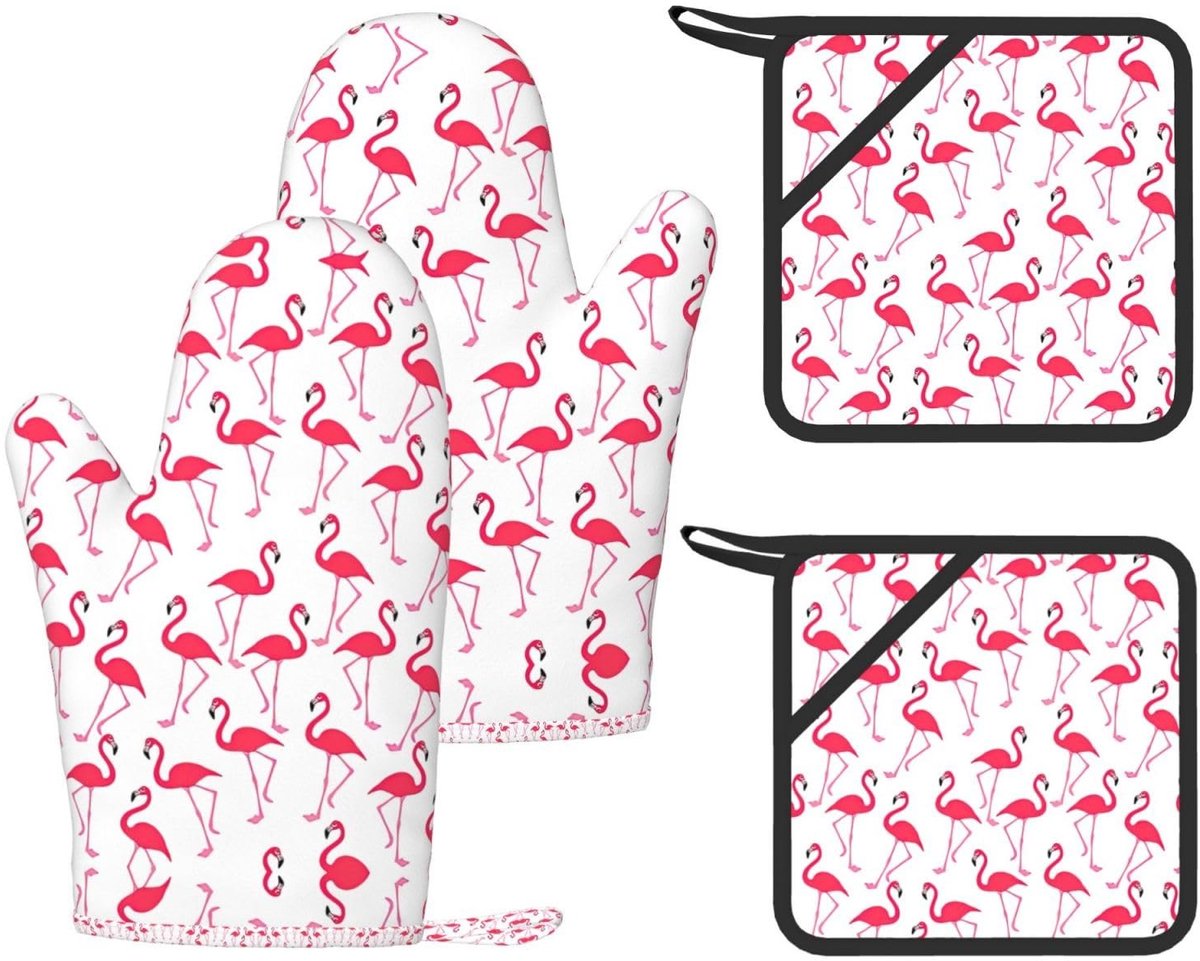 Ovenwanten Set - Rode Flamingo Patroon - Siliconen Antislip
