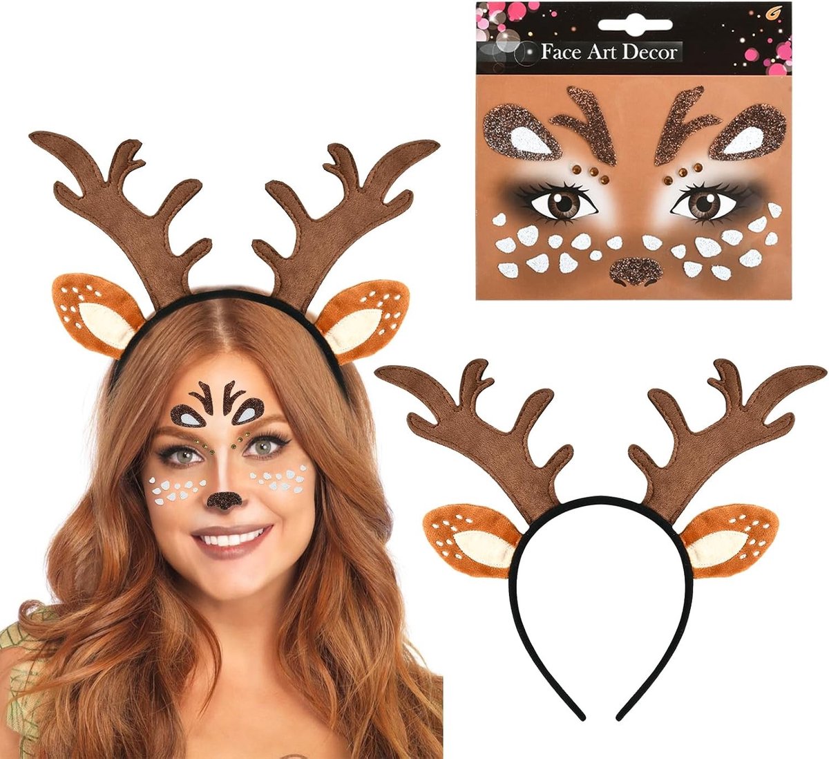 Reindeer Hoofdtooi Set van 2 - Herten Antlers Hoofddeksel voor Kerst, Carnaval en Cosplay met Gezichts-Tattoo