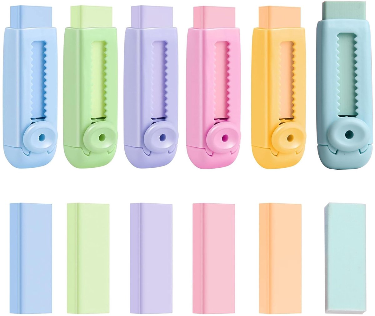 Set van 12 intrekbare potloodgummen - 6 kleuren met vervanggummen