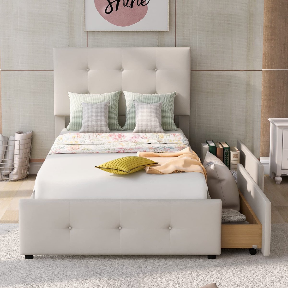 Gevoerde Bed 90 x 200 cm - Met Lattenbodem en Laden - Wit