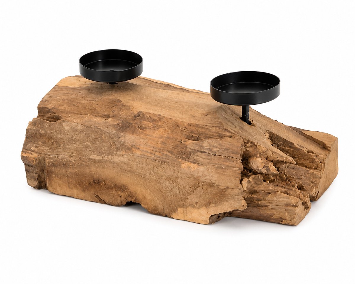 Woonyard Teakhouten Kaarsenhouder met 2 Kaarshouders - Natuurlijke Boomstam - Hout & Metaal - 28 x 18 x 12 cm - Landelijke Woondecoratie