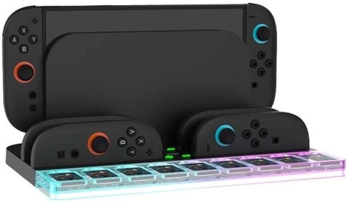 Oplaaddockstation Switch - Laadstation Controller - Games Opladen - 4 Controllers Tegelijk - 9 Kaarten - Zwart
