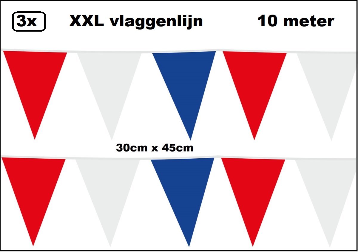 3 stuks XXL Vlaggenlijn rood/wit/blauw 30cm x 45cm – Holland Giga vlaglijn themafeest party festival