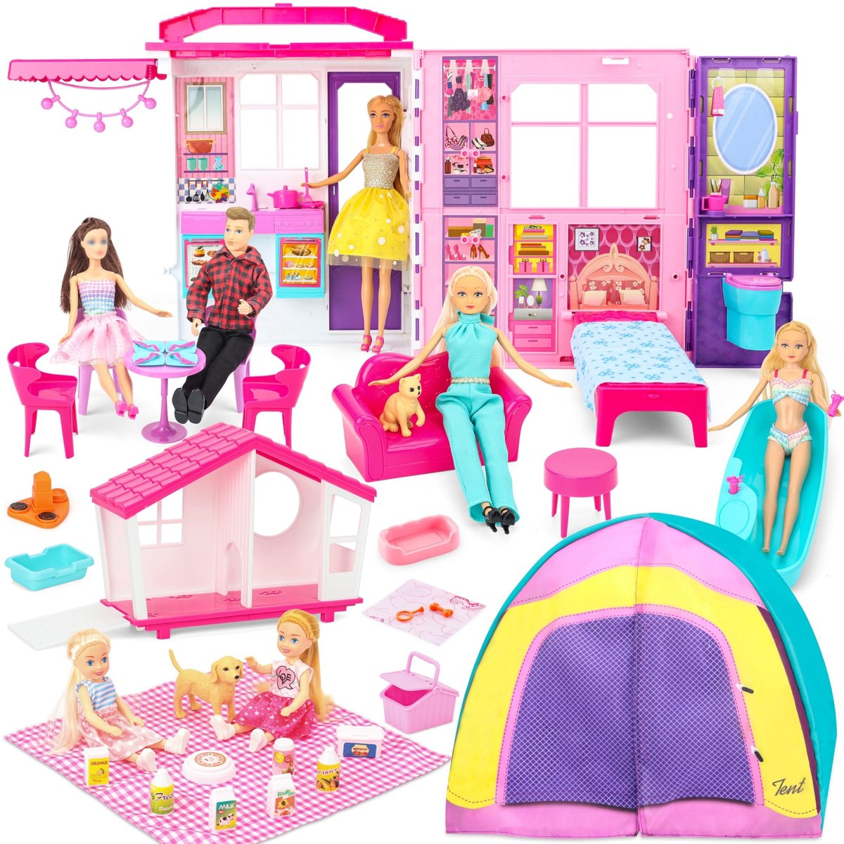 Opvouwbaar Poppenhuis 6-in-1 - Inclusief 60+ Accessoires