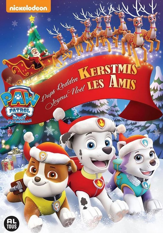 Kerstafbeelding van Paw Patrol met de honden Marshall, Chase en Skye, met Kerstman en rendieren.