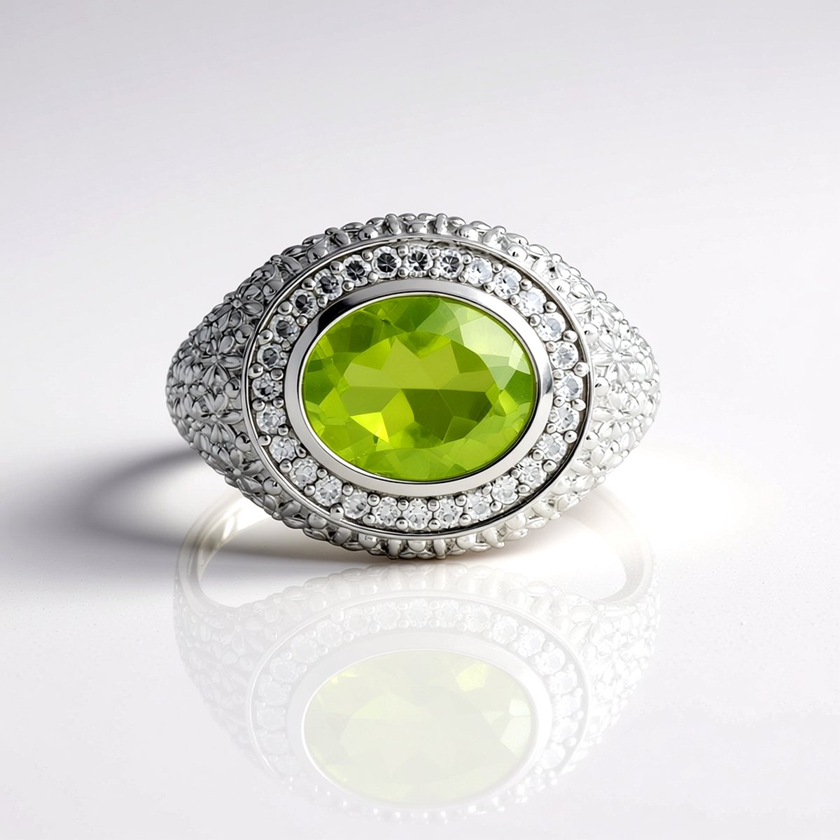Cavill - Zilveren Peridoot Ring 2,26 ct Ovaal - 925 Sterling Zilver Geplatineerd - Luxe Damesring met Zirkonia's - Elegante Edelsteen Sieraden