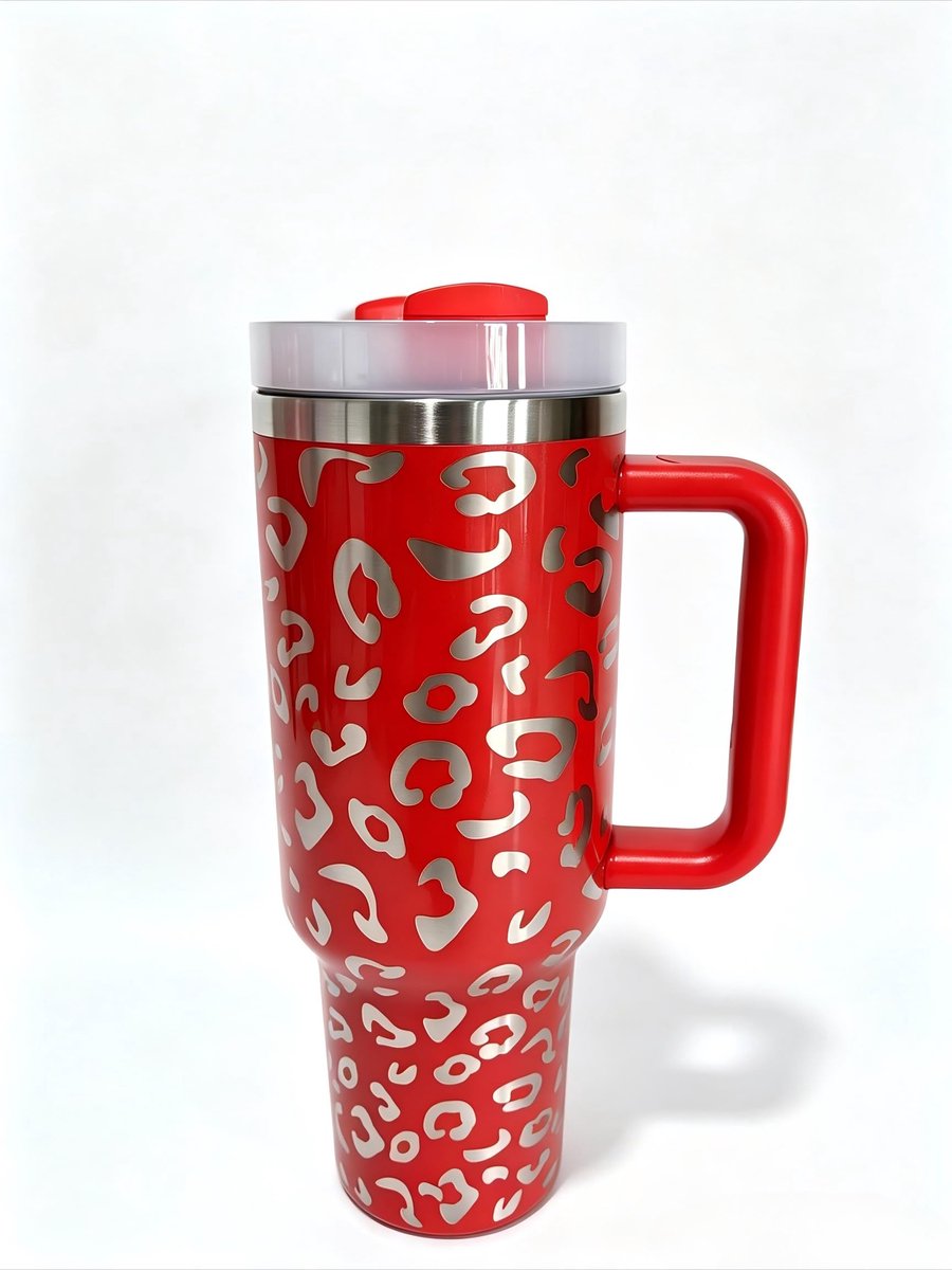 1200 ml Thermosbeker met Rietje en Handgreep - Rood Luipaardprint