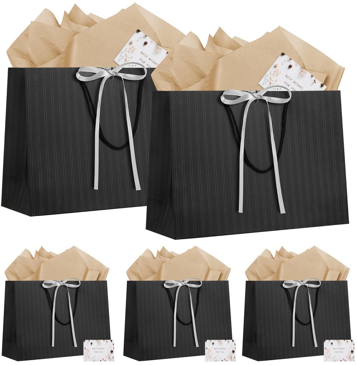 Grote Cadeautassen Set van 5 - Zwart met 5 Wenskaarten