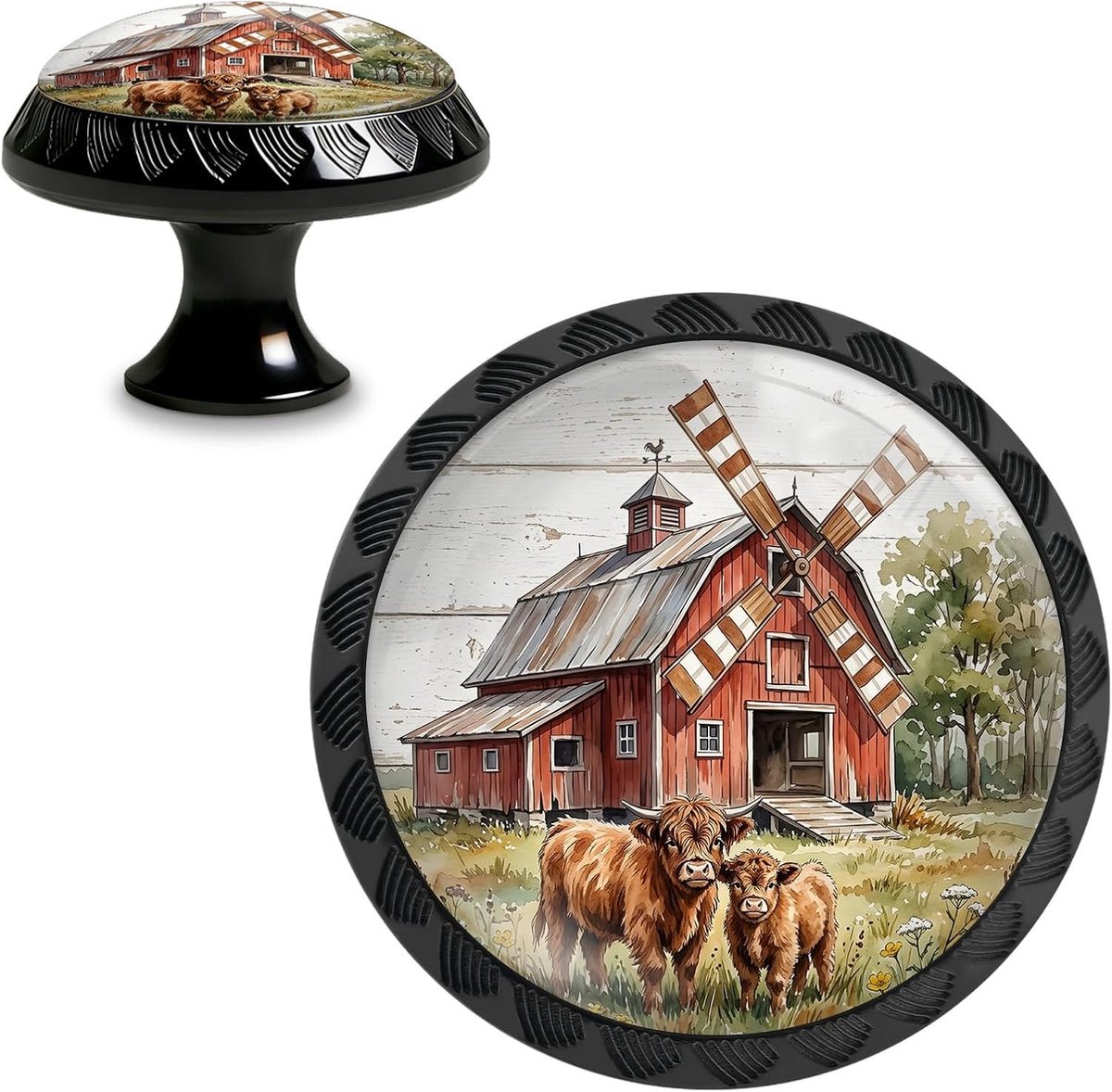 Set van 4 Rustieke Hoogland Koe Knoppen voor Keuken, Dressoir en Kastdeuren - Acryl Ronde Ladehandgrepen