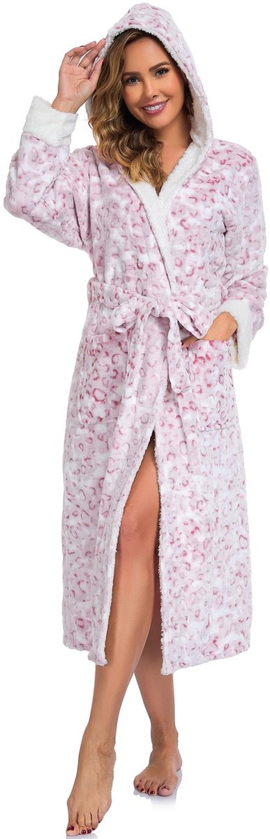 Dames fleece badjas met capuchon - Leopard roze