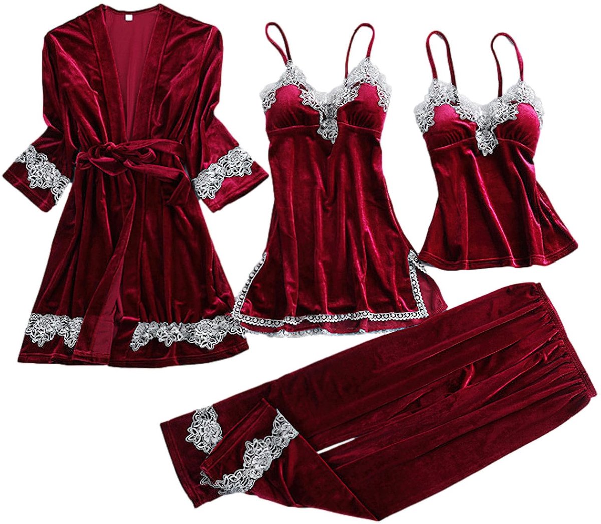 Dames Pyjama Set 4-delig - Badjas, Jurk, Broek - Bordeaux