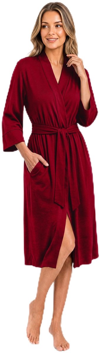Luxe Dames Badjas - Super Zachte Katoenen Gebreide Nachtkleding - Bordeaux