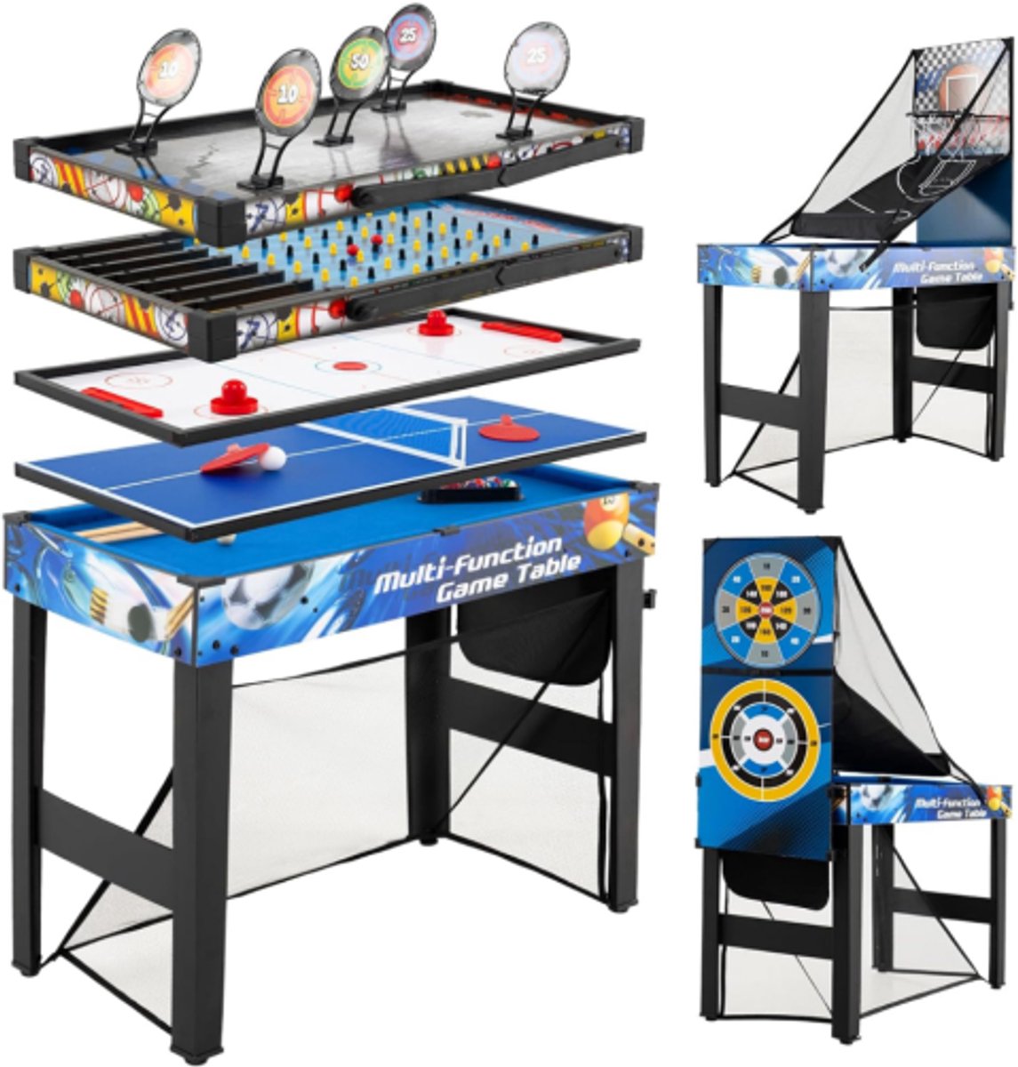 SureDeal® - Speelkamer - Speeltafel Multispeeltafel - Biljart Hockey Tafeltennis - 106x51x148 cm - Blauw + Zwart