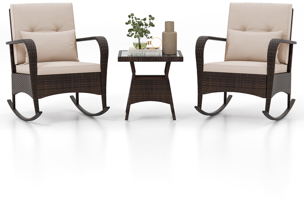 SureDeal® - Tuinmeubel - Delige Tuinmeubelset Rotan - Glazen Tafel Tuinset - Metalen - 82x67x86 cm - Bruin