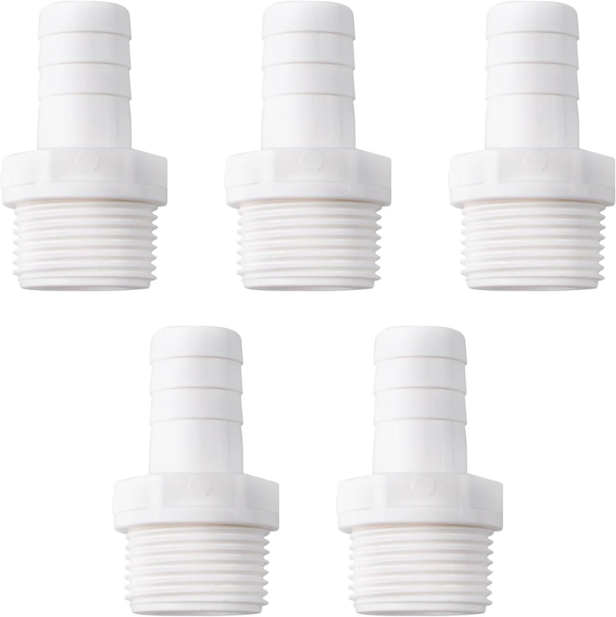 5 stuks 1 inch mannelijke schroefdraad x 1 inch barbed witte PVC slangkoppelingen voor veilige tuinirrigatie, doe-het-zelf loodgietersystemen en waterafvoer