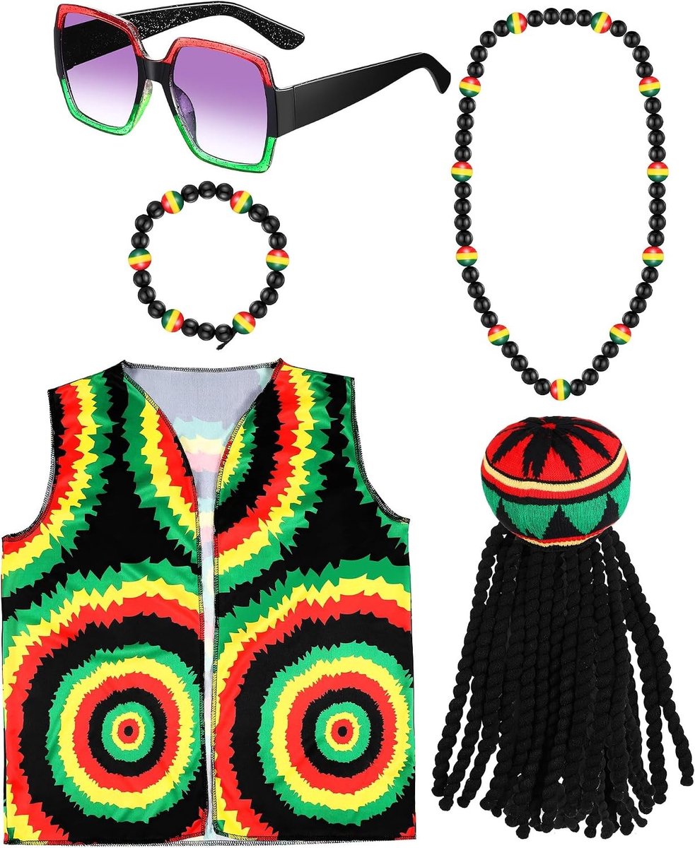 Set van 5 Kostuumaccessoires met Rasta Hoed, Zwarte Dreadlock Peruk, Rastabril Armband en Ketting voor Halloween en Cosplay, Perfect voor Feestjes en Themapartijen