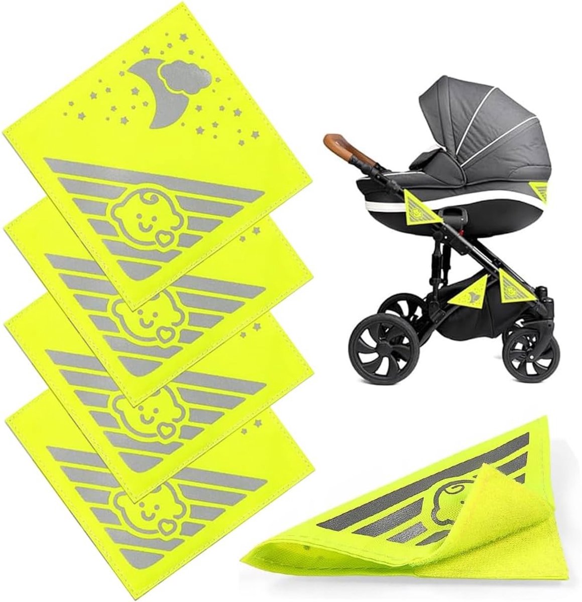 Set van 4 Universele Veiligheidsreflectoren voor Kinderwagens, Buggies en Fietstrailers met Neon Motief in Geel, Ideaal voor Verhoogde Zichtbaarheid en Veiligheid bij Nacht