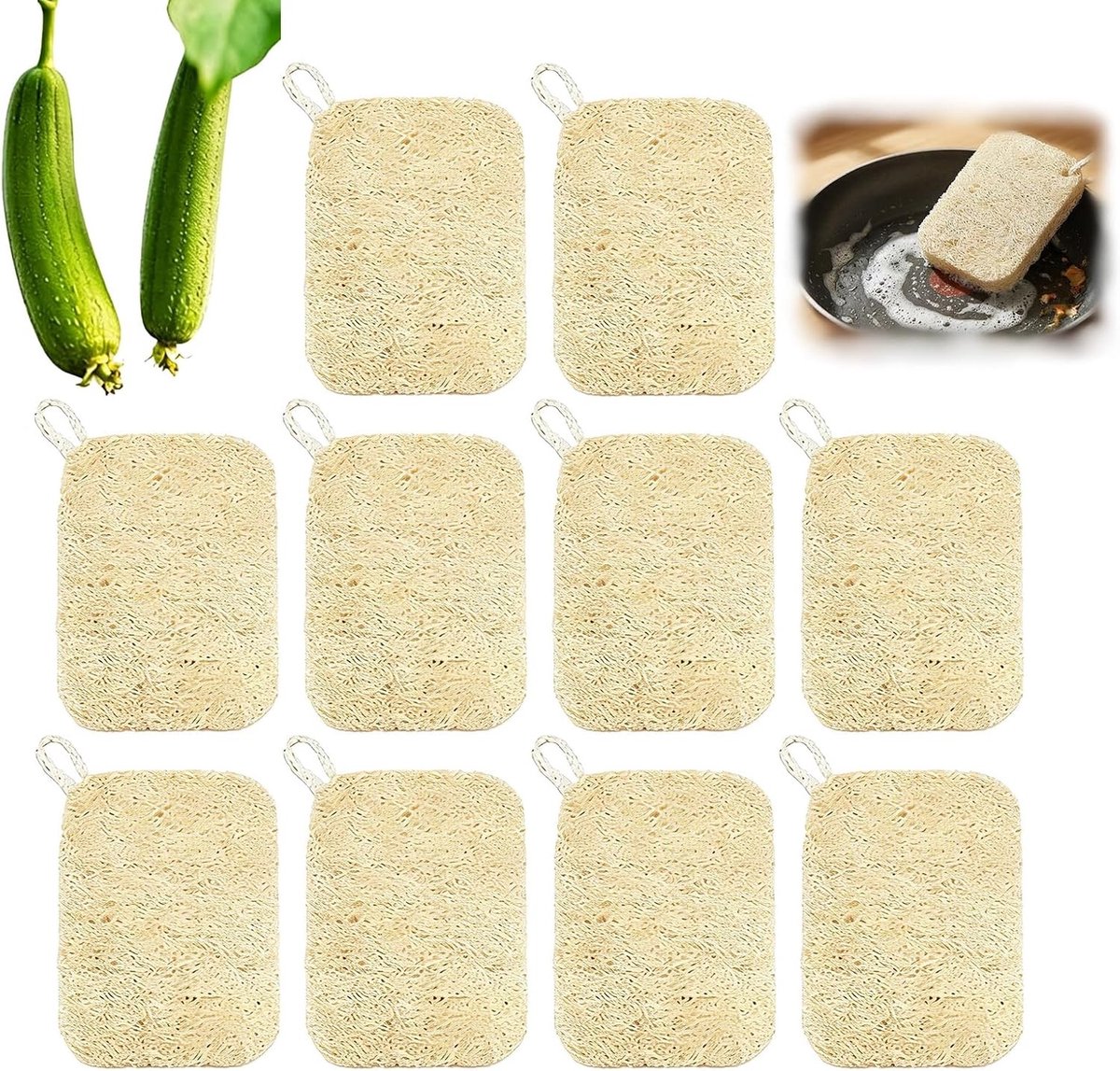 Set van 10 biologische loofah sponzen, 9 x 14 cm, zeer absorberend en vuilafstotend, ideaal voor keuken en badkamer, zachte peeling, milieuvriendelijk en herbruikbaar