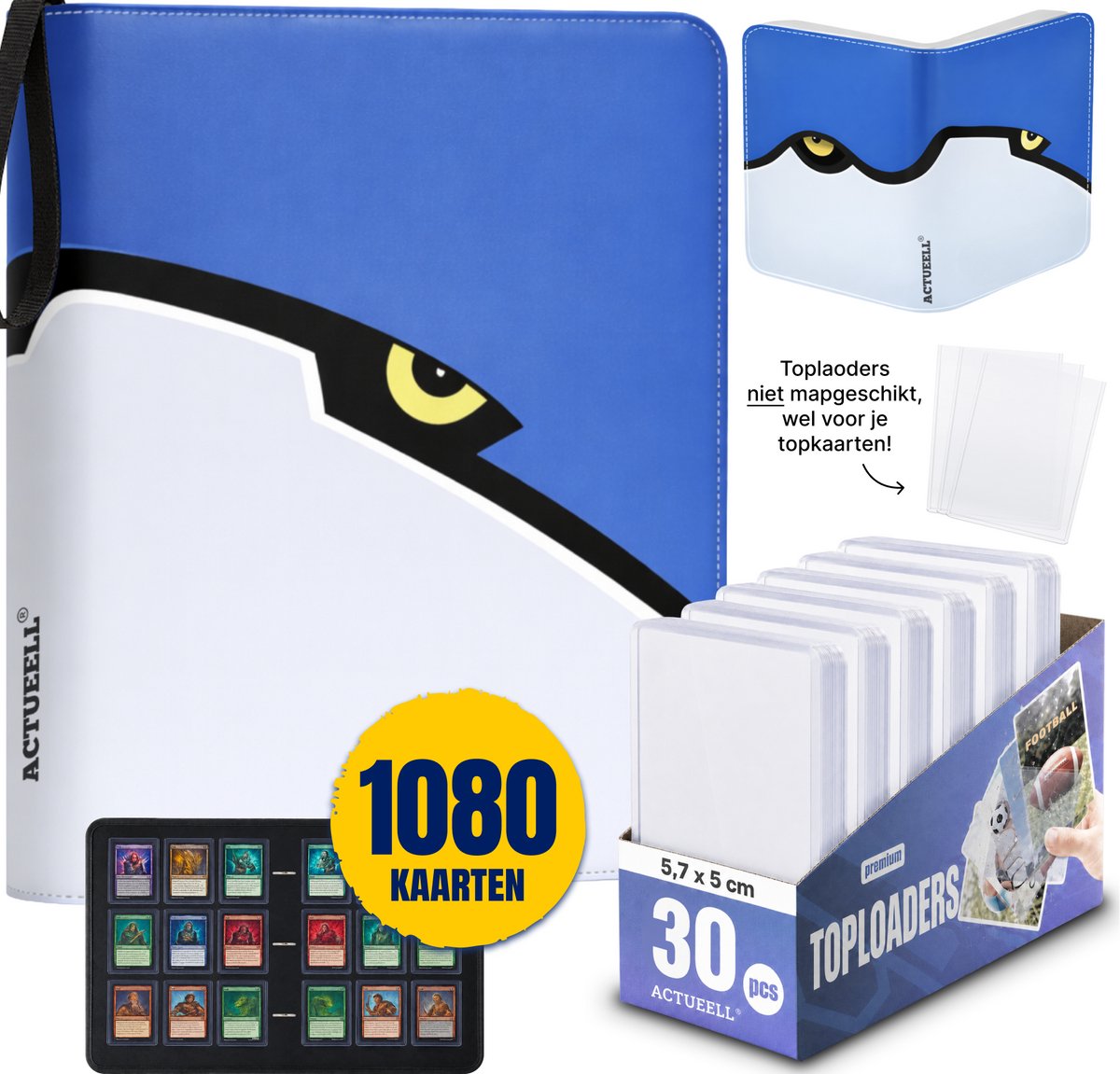Actueell® A4 Verzamelmap 1080 Kaarten – Binder map voor kaarten - 9 Pocket - Card Binder met Ritssluiting - 60 Pagina's – Inclusief 30 Toploaders niet mapgeschikt – Premium Leer