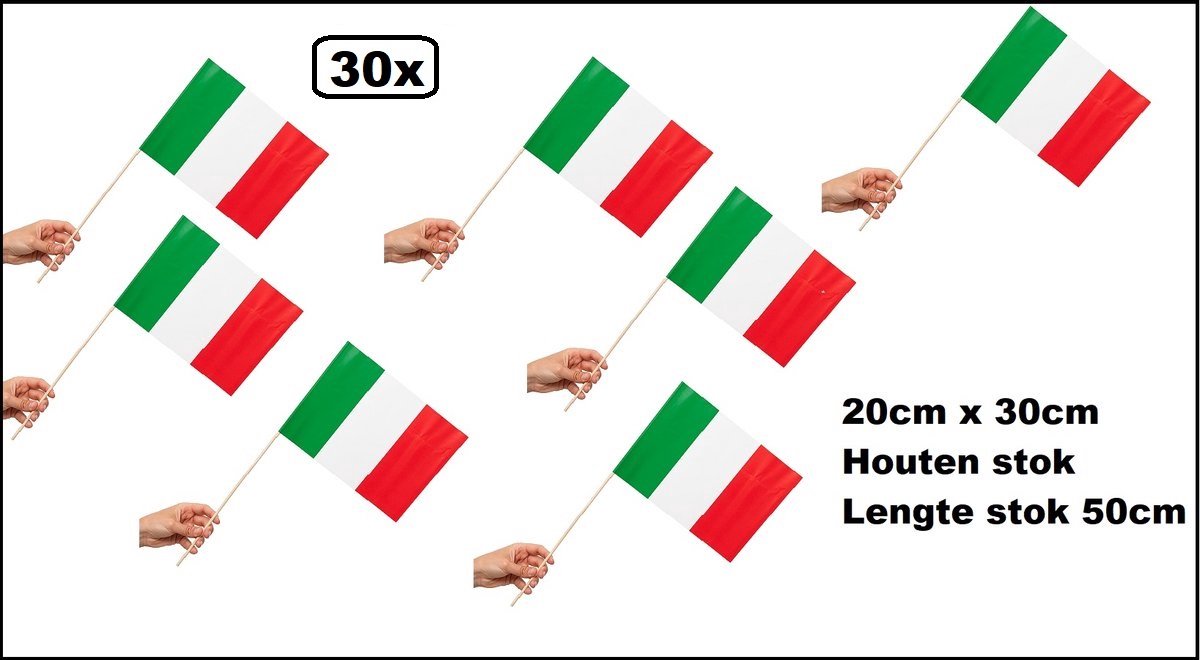 30 stuks Zwaaivlaggetjes op stok Italie 20cm x 30cm - lengte stok 50cm - Zwaai vlaggetjes EK WK thema feest voetbal festival uitdeel Italiaans