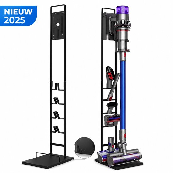 Zwarte metalen standaard met een blauwe draadloze stofzuiger en accessoires. Nieuw 2025.