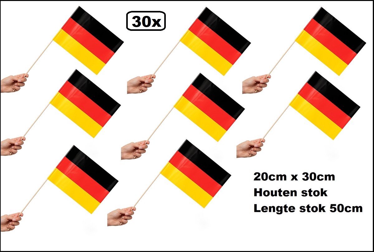 30 stuks Zwaaivlaggetjes op stok Duitsland 20cm x 30cm - lengte stok 50cm - Zwaai vlaggetjes EK WK thema feest voetbal festival uitdeel