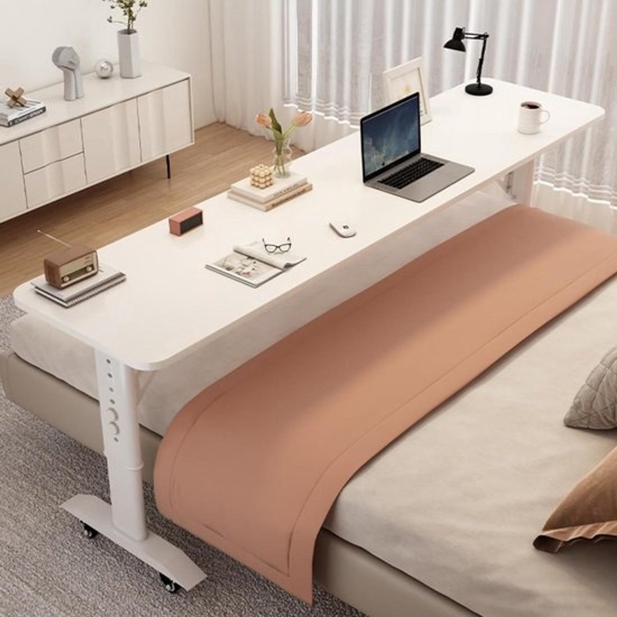 Bedtafel met wielen - Verrijdbaar bureau - Werken boven bed - In hoogte verstelbaar - 150x50cm - Wit