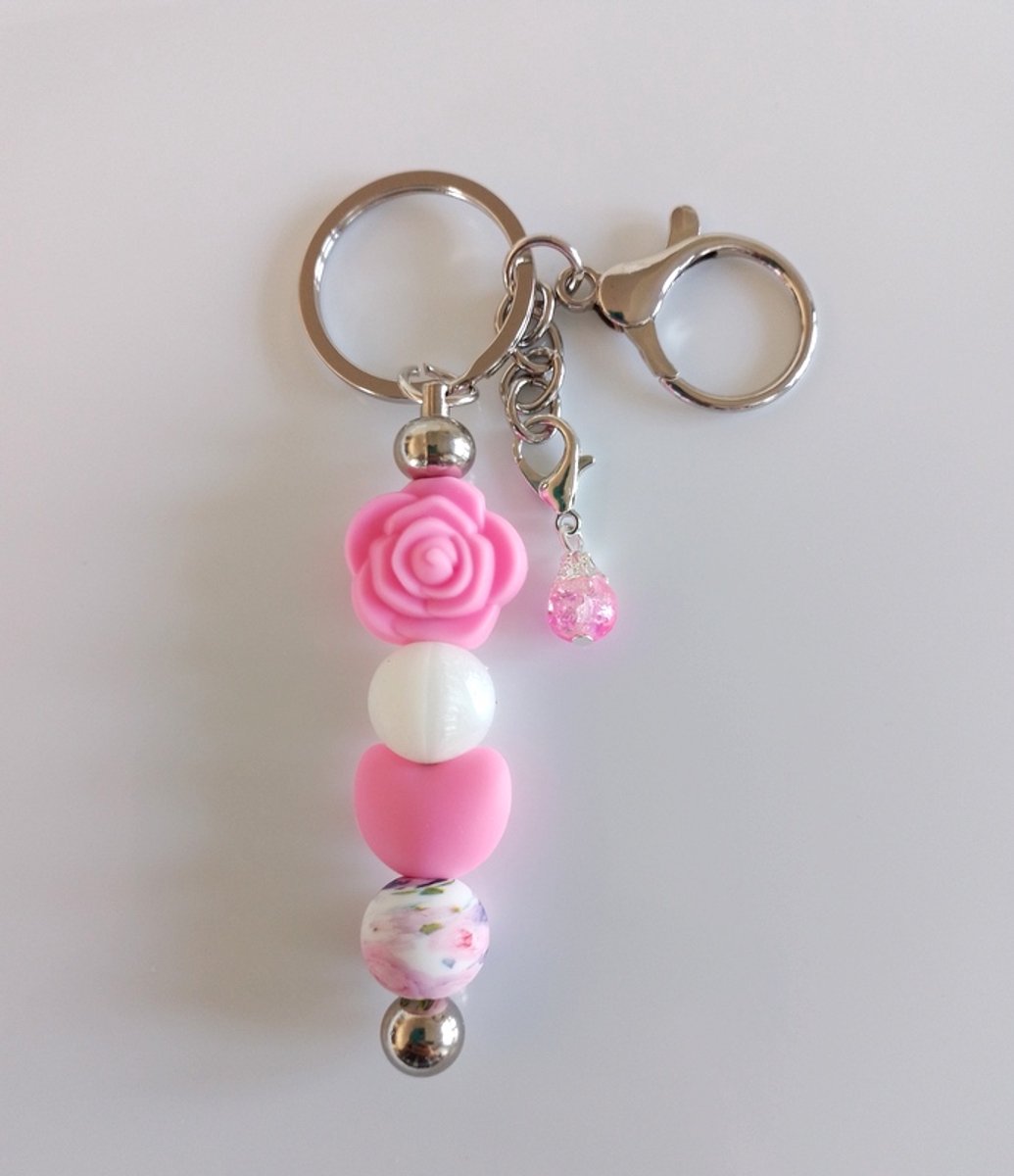 Sleutelhanger, tashanger met kralen | roze | roos | hart
