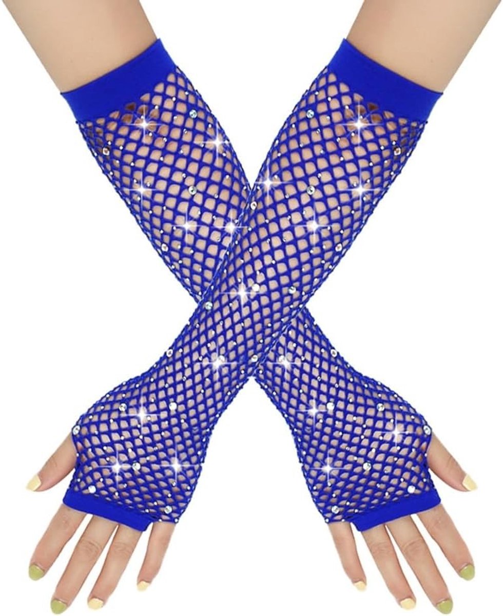 Kleurige Vingerloze Net Handschoenen met Strass voor Avondkleding en Feestjes, Perfect voor 80s Danskostuums en Modeaccessoires