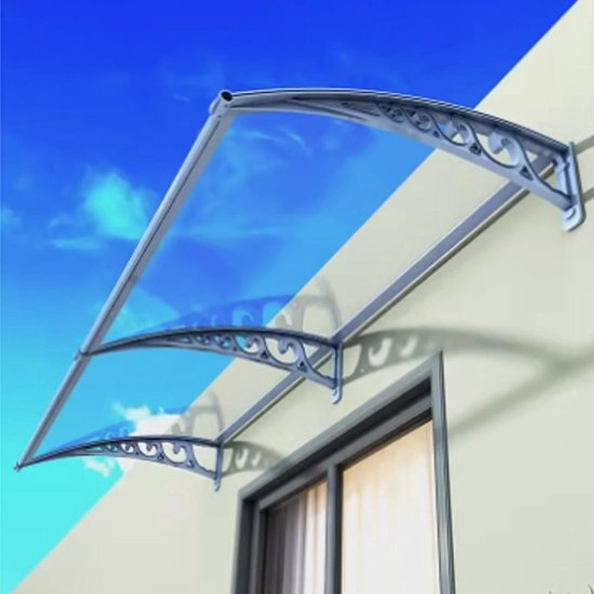 Voordeurluifel Raamluifel - Buitenzonwering Deurluifel - Bescherming tegen regen - Aluminiumlegering beugel - 60x250cm - Transparant zilver