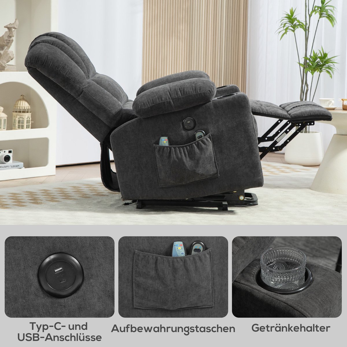 HOMCOM Elektrische Sta-op-stoel met Massage en Verwarming - Relaxfauteuil - TV-stoel - Sta-op-fauteuil - Donkergrijs – foto 3