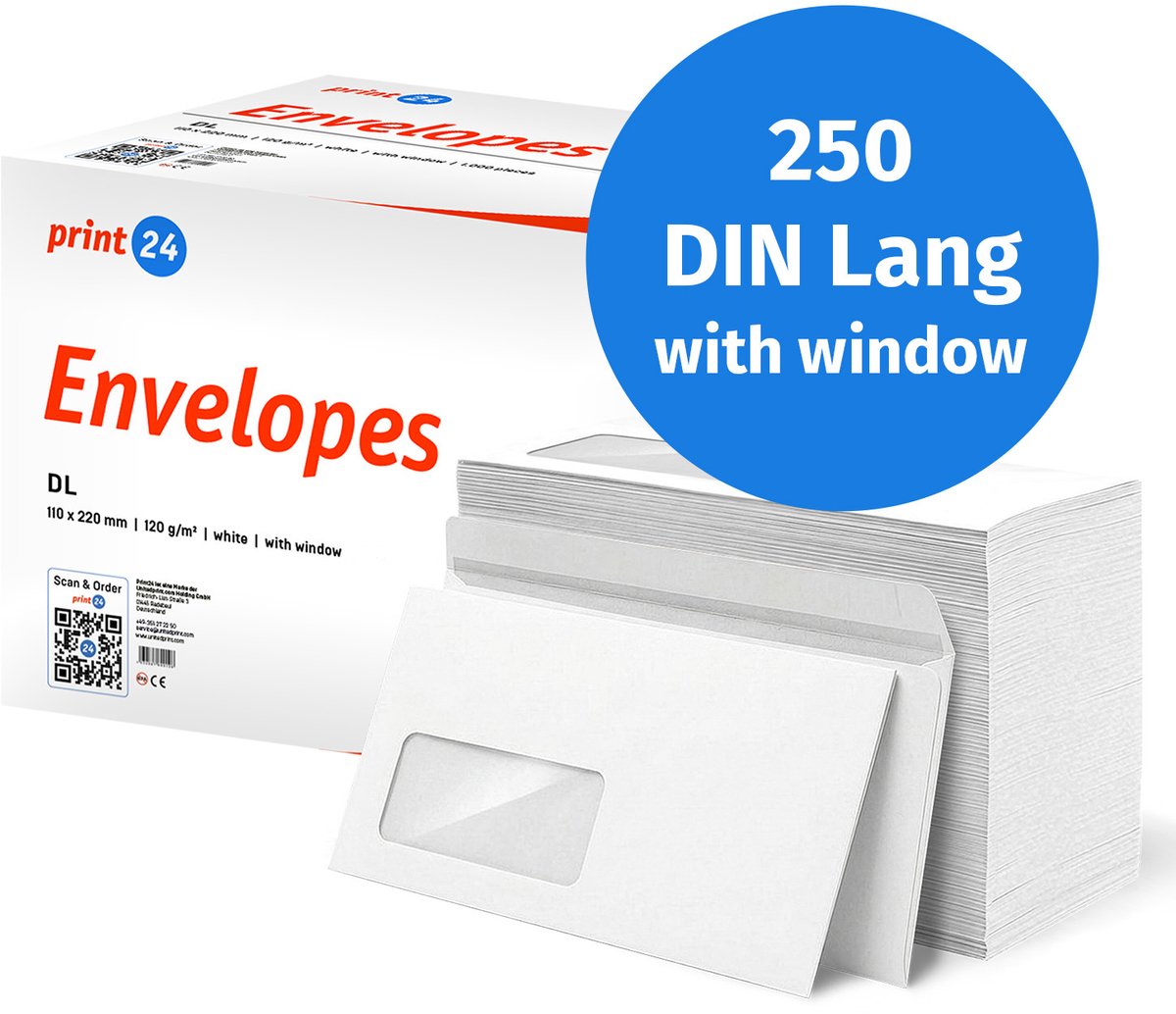 NIEUW: print24 Enveloppen met venster, DIN Lang, onbedrukt, 250 stuks