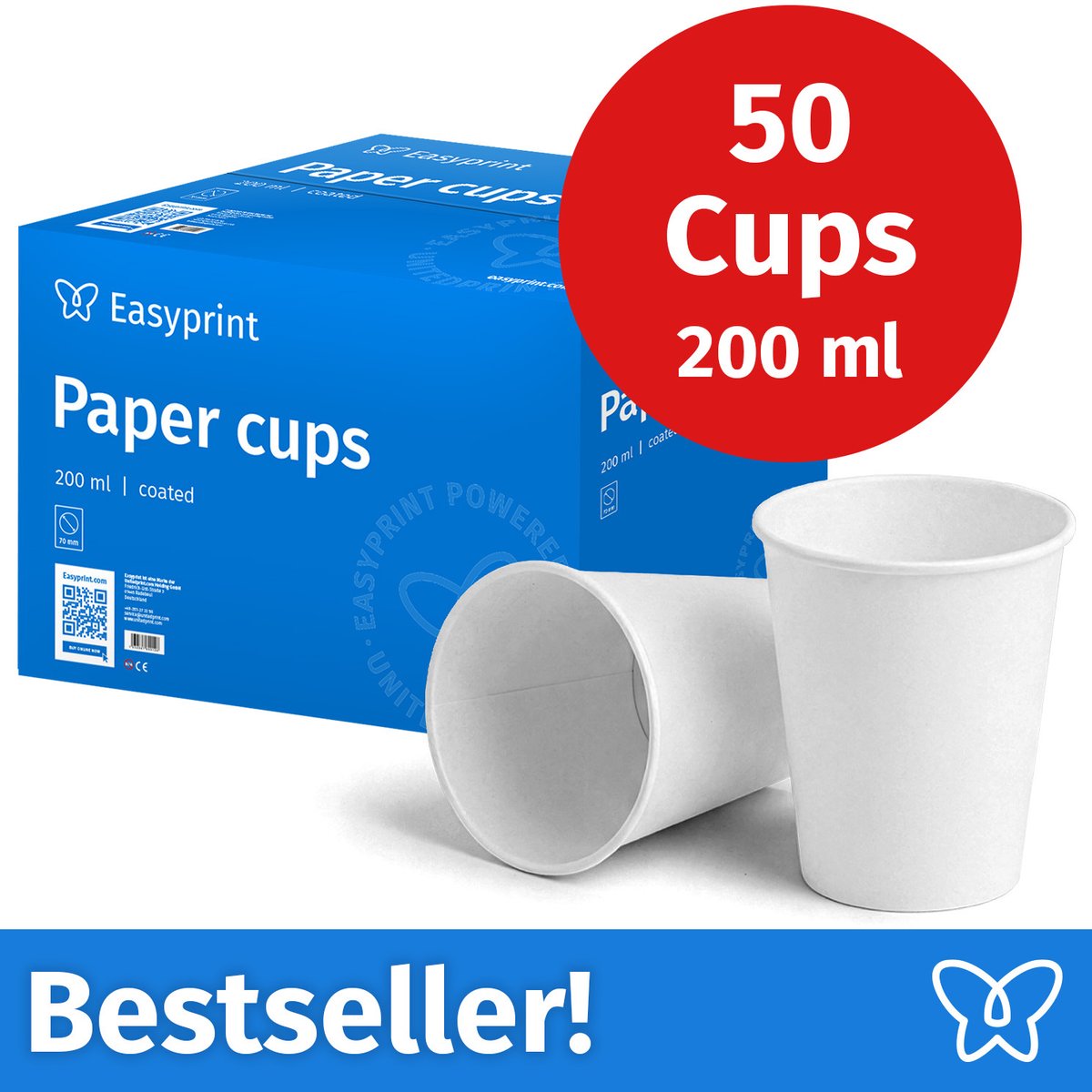 NIEUW: Easyprint Kartonnen bekers, 200 ml, onbedrukt, wegwerpbekers, 50 stuks