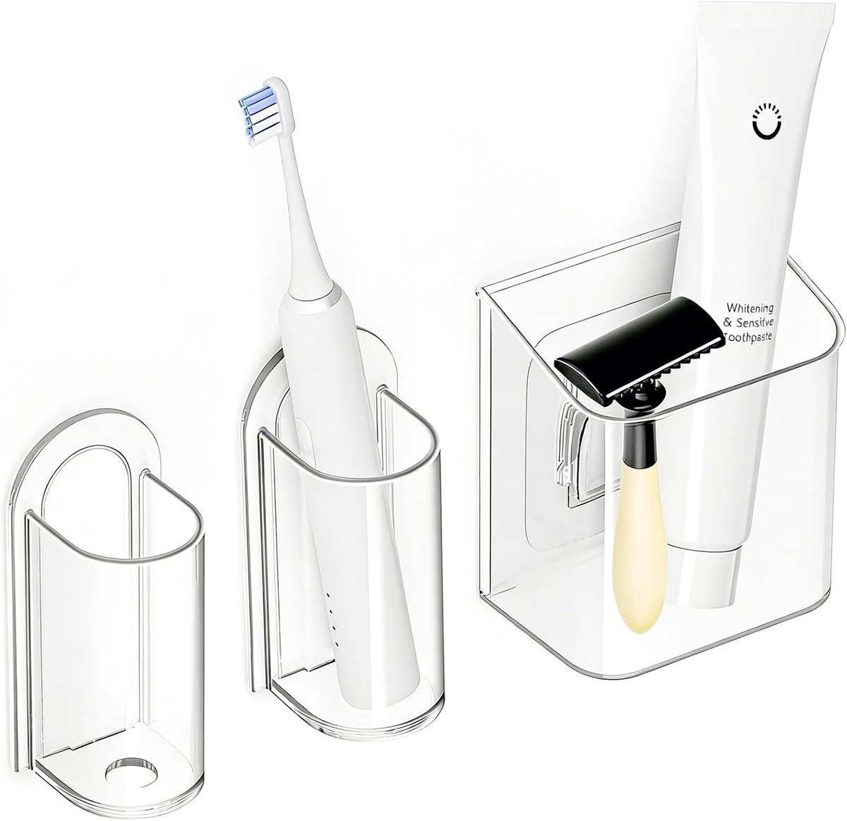 Set van 3 Transparante Tandenborstelhouders voor Muurbevestiging - Geschikt voor Elektrische Tandenborstels en Handtandenborstels, Geen Boren Nodig voor Keuken en Slaapkamer