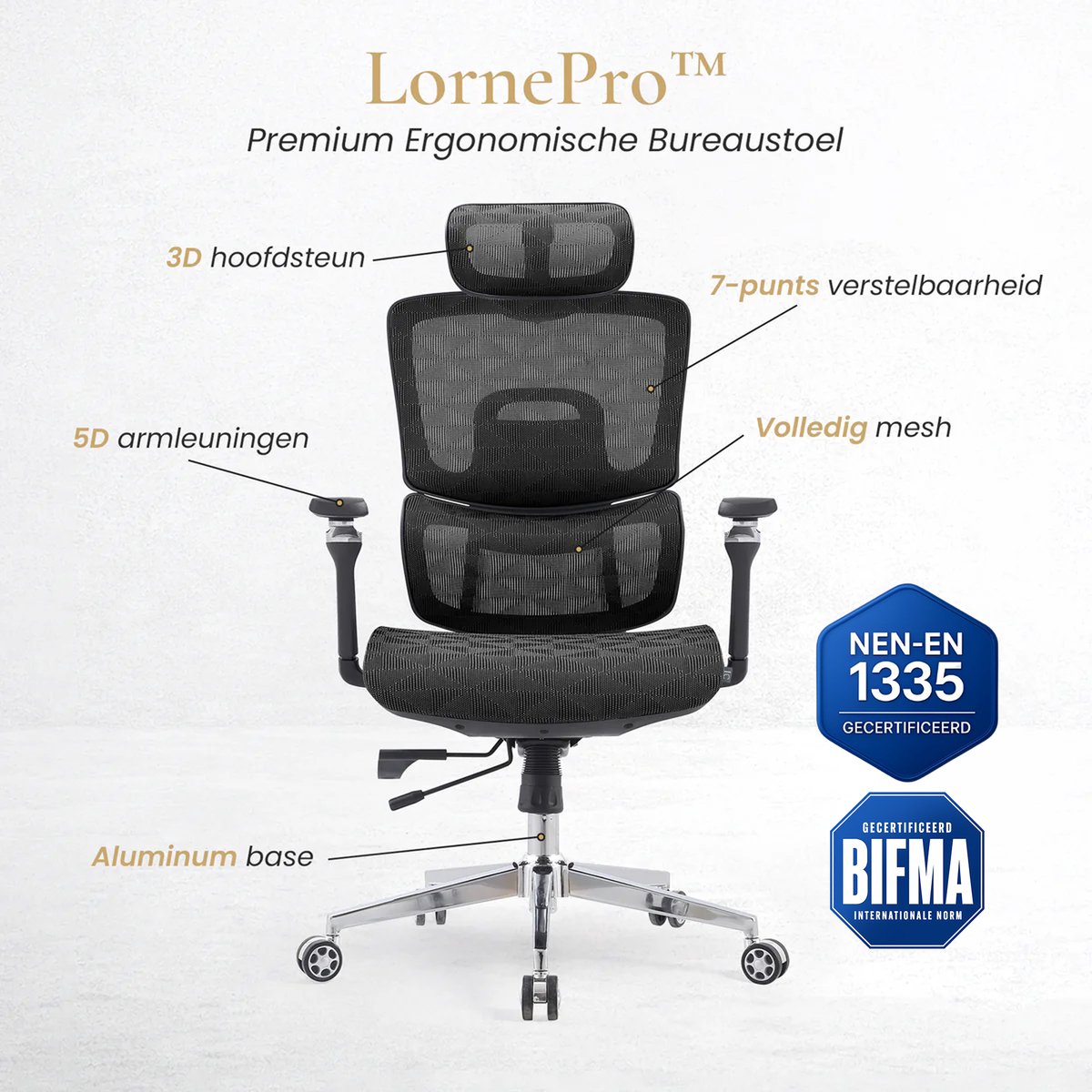 LornePro Ergonomische Bureaustoel met 6 Verstelpunten - Zwart - afbeelding 2